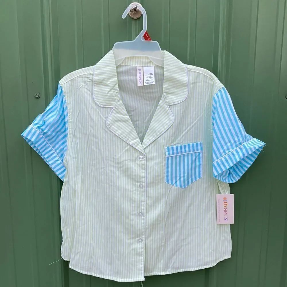 WOMEN’S NOTCH Collar Cotton Pajama Short Sleeve Button Down Lounge Shirt Size M